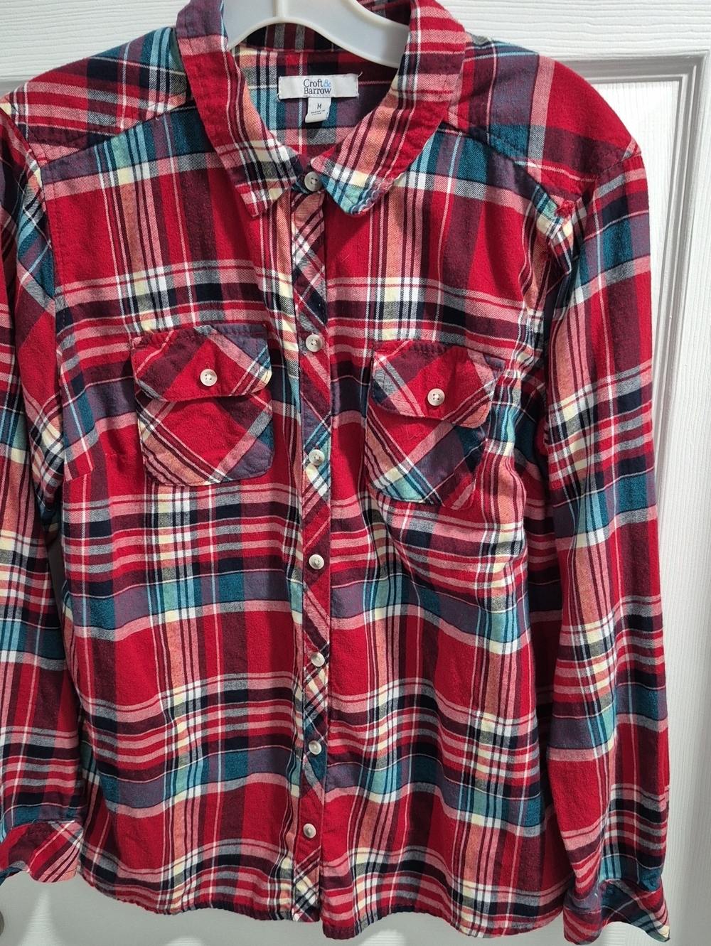 croft & barrow Red Plaid Button-Down Shirt with Teal Accents
